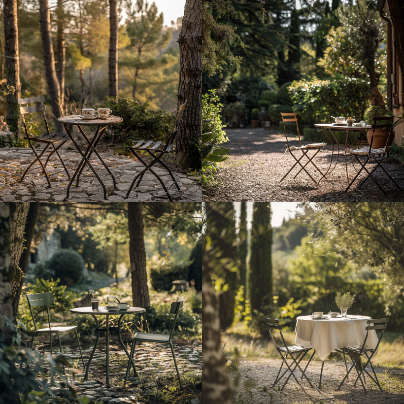 An Italian backyard with table and chair and a plate and coffee