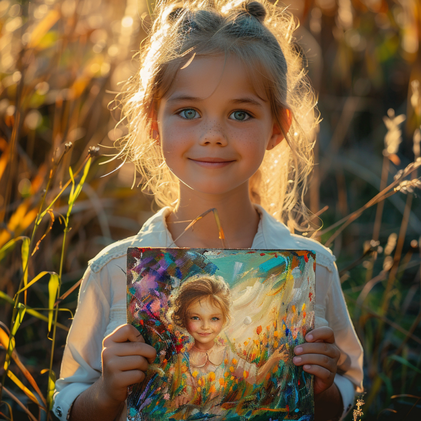 A joyful girl holds her portrait in her hands