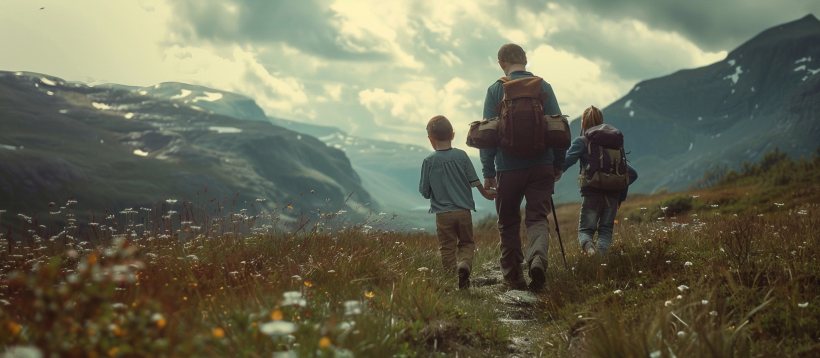 a still frontal still photography of a tired norwegian family walking up a hillside on a hiking trip