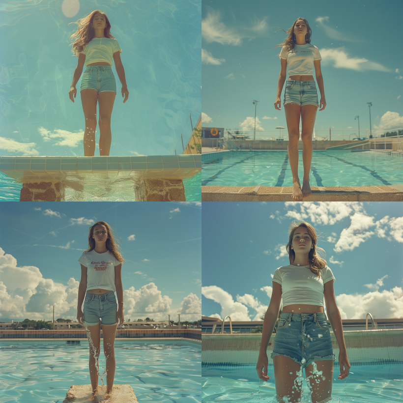 a woman wearing t-shirt and jeans standing on a high dive springboard in an aquatic