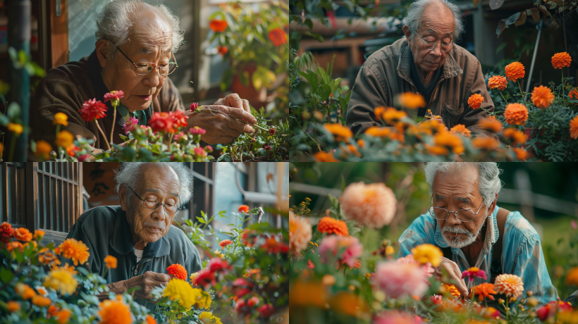 Long shot of a 70 year old Japanese man with glasses repairing flowers in the small garden