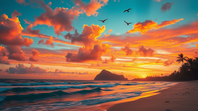 sunset on the shore of a beautiful tropical beach